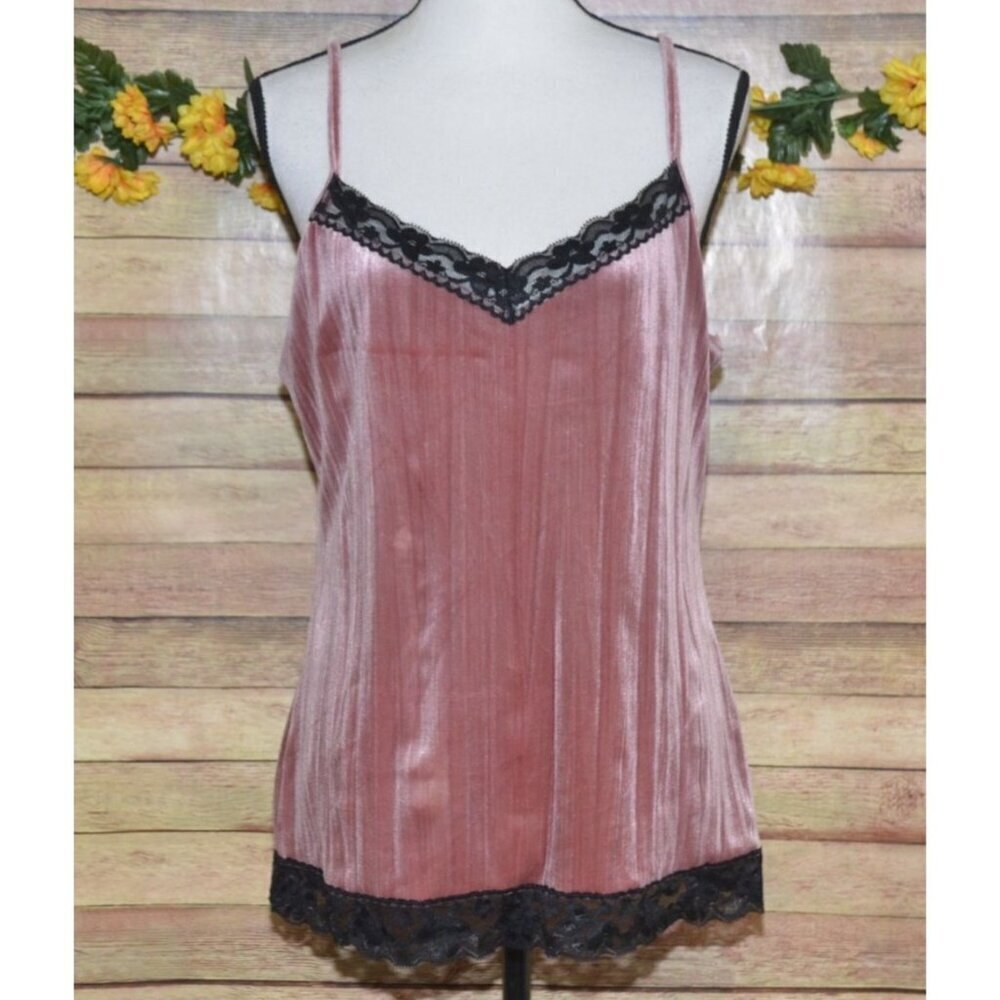 Y2K No Boundaries Ladies XL 15 Rose Pink Velvet Black Lace Baby Doll Tank Top